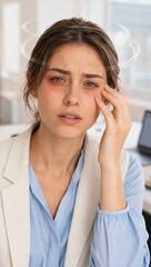 Fototapeta premium Woman office worker suffering from severe headache and dizziness. Tired employee with red inflamed eyes feeling unwell at workplace. Overworked professional burnout, health problem concept.