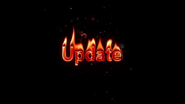 Update text burning with intense realistic fire flames and bright glowing embers floating in the dark air during this high quality motion animation video clip that showcases digital graphic design eff