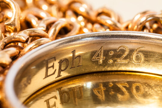 Engraved gold ring with Bible verse Eph 4:26 and gold chain