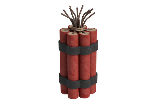 Bundle of red dynamite sticks with fuses tied together, explosive device prop for action industrial hazardous on black background