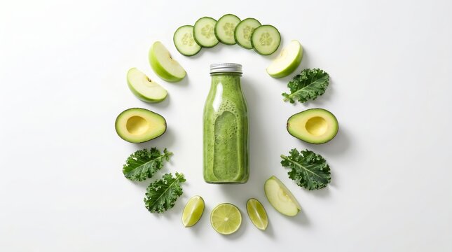 A glass bottle filled with vibrant green detox smoothie surrounded by sliced cucumber, fresh apple, ripe avocado, and kale