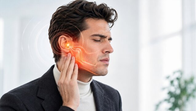 Man suffering from ear pain touching side of head with highlighted red inflammatory area. Medical concept of acoustic trauma, infection, or otitis. Healthcare diagnostics and treatment.