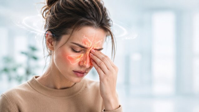 Woman suffering from severe sinus pain and headache. Young female touching nose with highlighted inflammation area. Medical illustration of sinusitis symptoms and nasal congestion health concept.