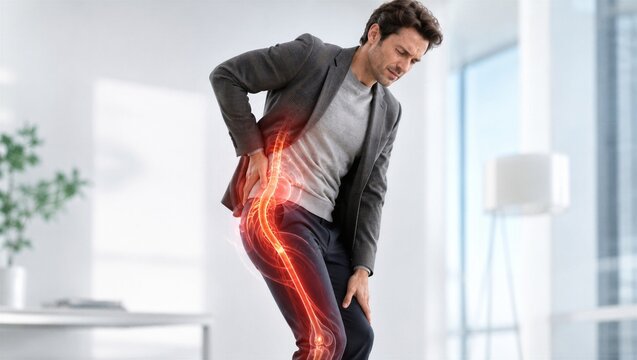 Man suffering from severe back and leg pain. Visualization of sciatica nerve inflammation. Healthcare concept representing spinal disc injury and chronic radiculopathy in medical clinic.