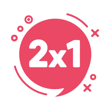 Red circle icon with white text displaying a two for one offer