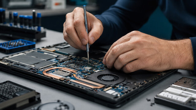 A technician repairs a laptop motherboard using a precision screwdriver in a detailed electronics workspace.