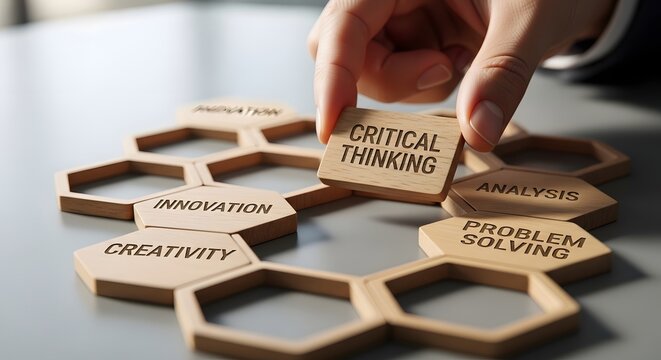 Critical thinking concept with wooden puzzle pieces