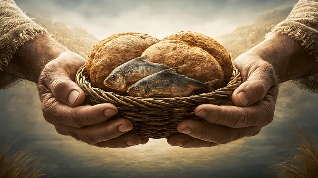Weathered Hands Holding Basket with Two Fish and Five Loaves Crowd Hillside Miracle