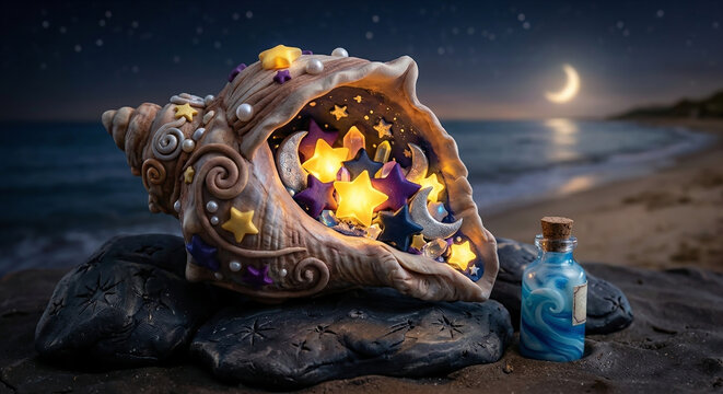 3D clay miniature conch shell with glowing stars and moons on night beach, cute fantasy celestial ocean background with copy space.