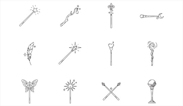 Outline fantasy symbols pack with magic wands, sparkles, stars and enchanted motifs