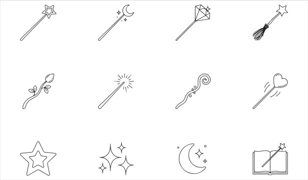 Cute magical illustration collection featuring fairy wands, moon icons and fantasy effects