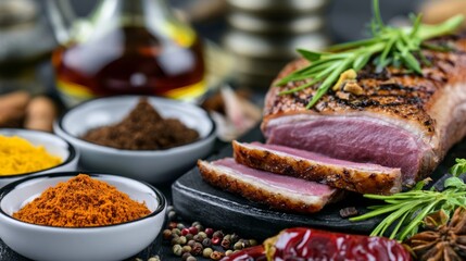 Obraz premium Premium Prepared Duck Breast with Exotic Spices and Herbs on Slate Board with Garnish