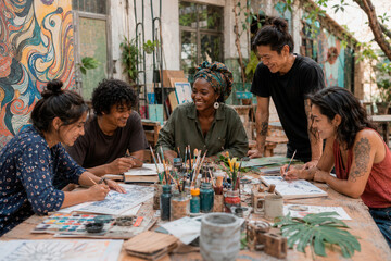 Obraz premium Diverse group creates art together around a lively table