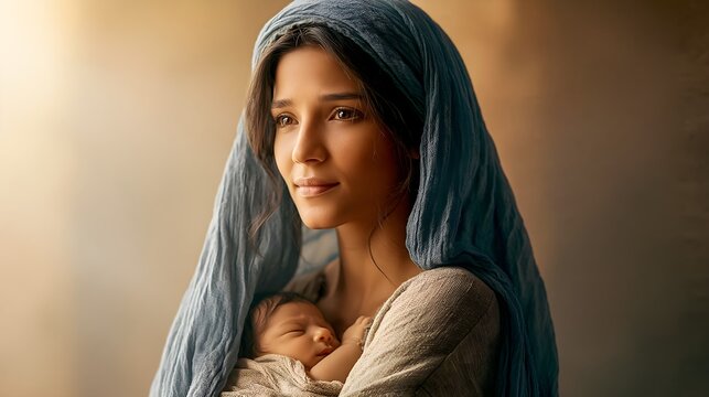 Young Middle Eastern Mother Holding Newborn in Temple Listening with Tender Expression