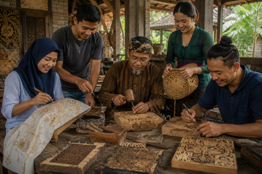 Five people collaborate on traditional wooden crafts