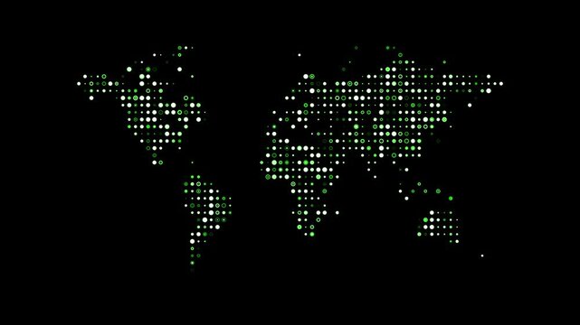 Digital world map animation composed of glowing green dots showing global data network motion footage