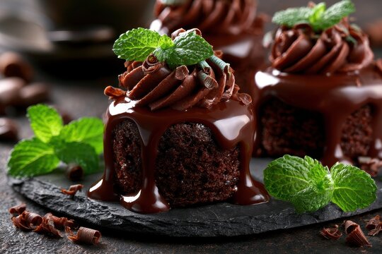 Gourmet chocolate petits fours with dripping ganache and fresh mint on a dark stone surface in a moody macro shot for luxury patisserie marketing