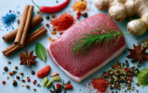 Raw Duck Breast Surrounded by Colorful Spices and Herbs Including Cinnamon Sticks and Ginger Root