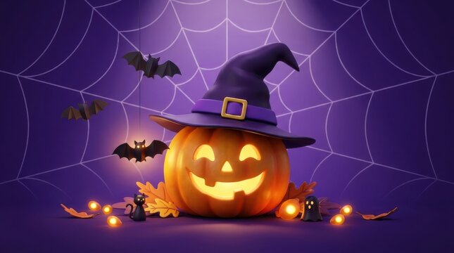 Cartoon halloween pumpkin wearing witch hat with flying bats and spider web background purple festive 3d style.