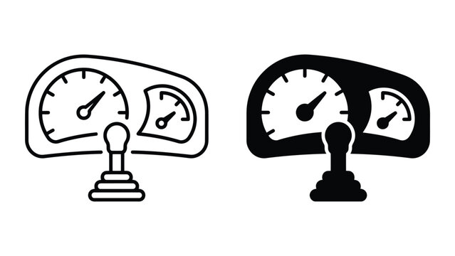 Automotive dashboard gauge and manual gear stick icon set showing speedometer and tachometer with gear shifter in outline and solid black graphic styles for car maintenance apps and vehicle UI design