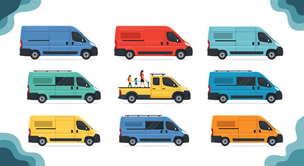 Fototapeta premium Large collection of delivery vans in various colors and a yellow flatbed truck carrying people on a clean white background.
