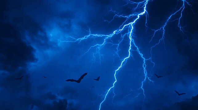 Abstract blue Halloween background with lightning and moon, with copy space, horizontal banner