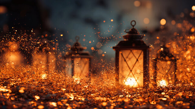 Abstract dark Halloween background with pumpkins and lanterns, with copy space, horizontal banner