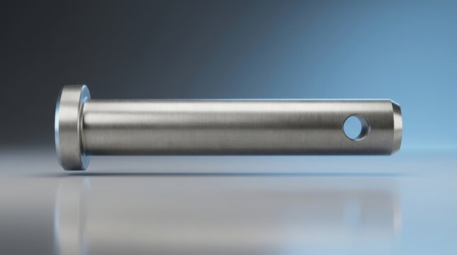 Precision engineered industrial clevis pin centered in clean studio composition with graphite to light industrial blue gradient background