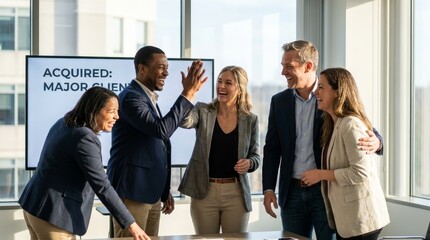 Obraz premium Diverse Business Team Celebrating Successful Major Client Acquisition with High Five in Modern Office