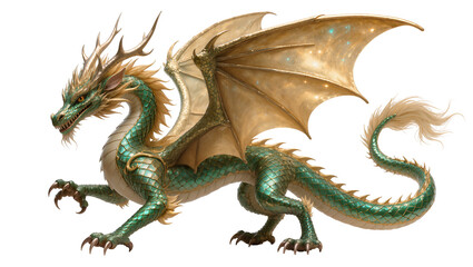 Fototapeta premium Green dragon with golden wings and horns
