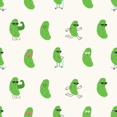 Fototapeta premium Seamless pattern with cute pickle fruit characters funny tropical summer mascots. Vector design.