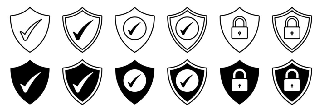 Security Shield Icon Set. Shield Check Mark Symbols. Protection And Padlock Logotypes. Vector Illustration.