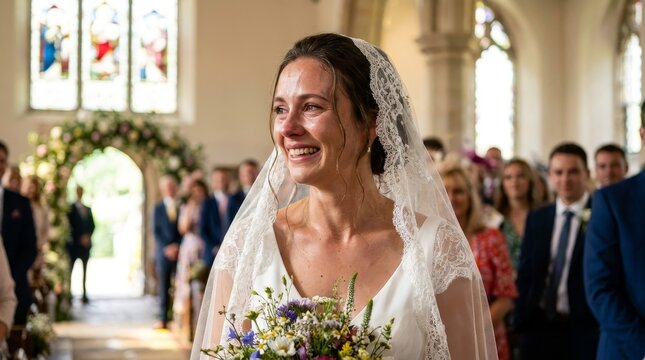 Emotional Bride Crying Tears of Joy During Wedding Ceremony in Church