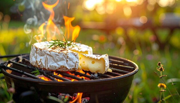 Grilled brie with rosemary sprigs, flames licking upwards, set in bright, green, blurred foliage during golden hour