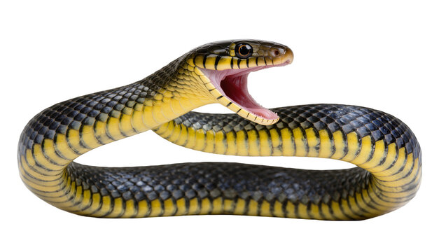 Yellow-bellied snake with open mouth and fangs
