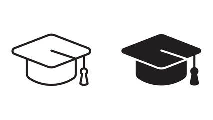 Graduation cap icon set representing academic achievement and education in outline and solid styles