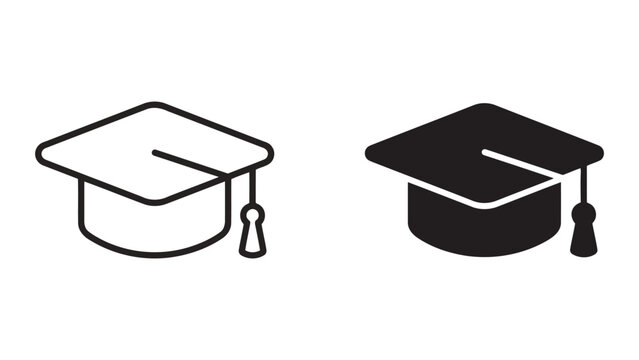 Graduation cap icon set representing academic achievement and education in outline and solid styles