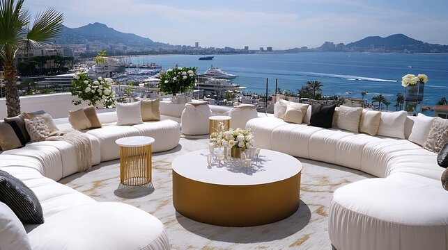 Luxury outdoor seating area overlooking ocean with mountains