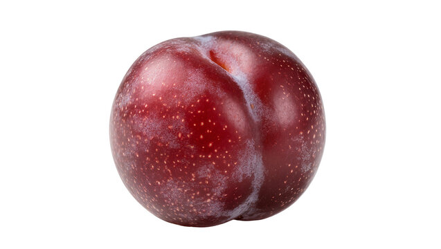 Ripe red plum with white speckles and a subtle blue bloom
