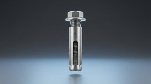 Precision engineered industrial expansion anchor 3D render, heavy duty concrete fastening system, masonry anchor bolt, structural steel mounting component