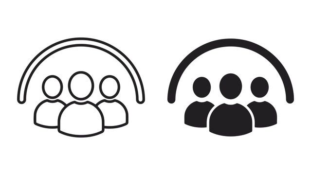 Community group icon set with arch protection representing teamwork and social connection in outline and solid black vector styles