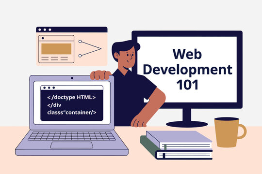 Web Development 101 Concept with Laptop, Monitor, and Male Developer Illustration