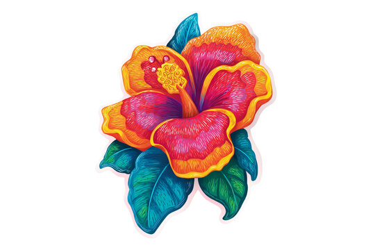Tropical flower colorful vector sticker, vibrant PNG style isolated on transparent background
