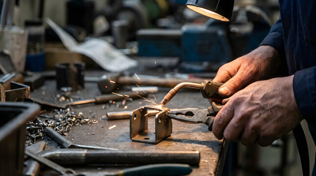 Close up of an experienced metalworker handcrafting a custom copper component in a workshop.