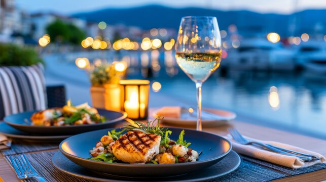 Elegant seaside dinner setting with grilled fish and wine next to a calm marina at dusk with soft lights