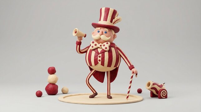 A whimsical claymation style circus ringmaster character holding a megaphone and a cane.