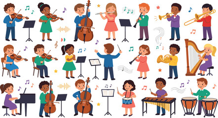 Cute Children Orchestra and Musical Instrument Vector Character Set with Diverse Little Kids Playing Violin, Flute, Drums, Piano, Trumpet, and Conducting Music © Najir