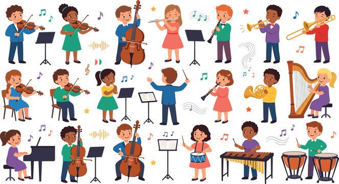 Cute Children Orchestra and Musical Instrument Vector Character Set with Diverse Little Kids Playing Violin, Flute, Drums, Piano, Trumpet, and Conducting Music