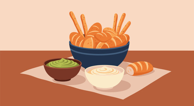 Appetizing spread of various breads and crispy breadsticks in a blue bowl served with bowls of creamy dip and green pesto on a rustic table.