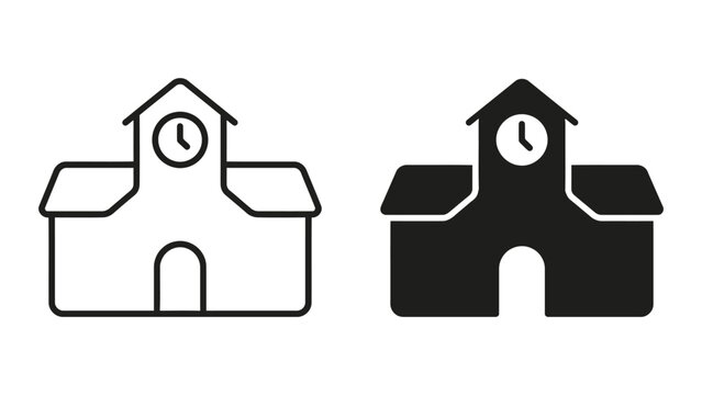 School building icon set featuring clock tower design in both outline and solid black vector style for educational institution and academic branding